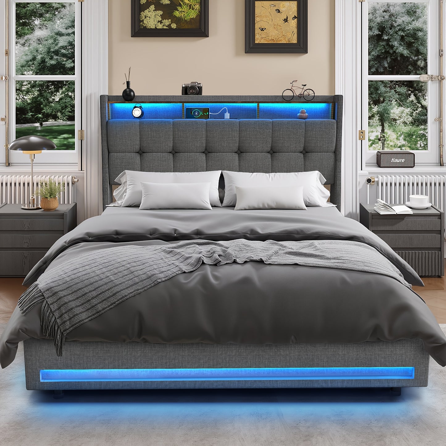 Opberglift Bed – Opbergbed – Slaapbank – Bedframe – Liftbed – 140x200 cm – Hydraulische Opbergruimte – LED-Verlichting
