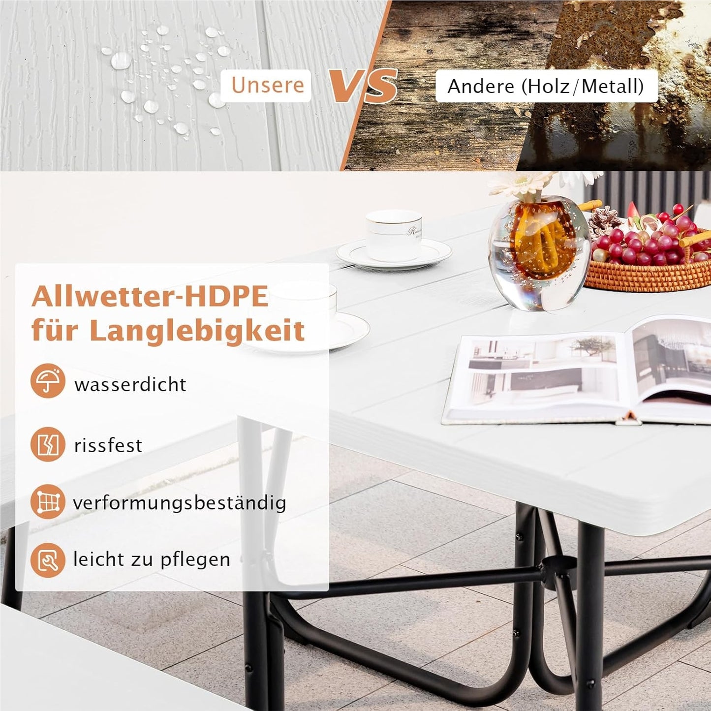 Tuinset 8 Personen – Tuinmeubel – Terrasset – Buitenmeubilair – Buiten Zitgroep – Vierkante Tafel – Weerbestendig HDPE – Parasolhouder
