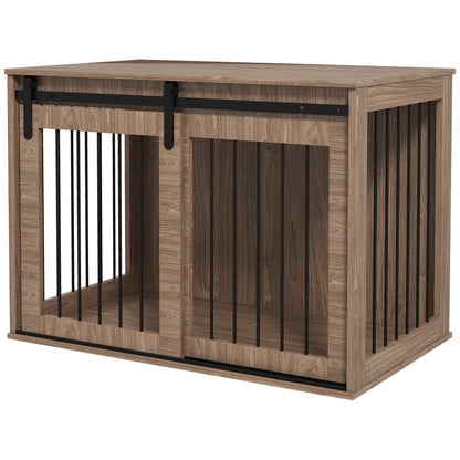 Hondenbench – Hondenkooi – Hondenhok – Dierenkooi – Benchkooi – Met Schuifdeur en Vergrendeling – Houtlook Notenhout Met Stalen Frame – 98x58x67 cm