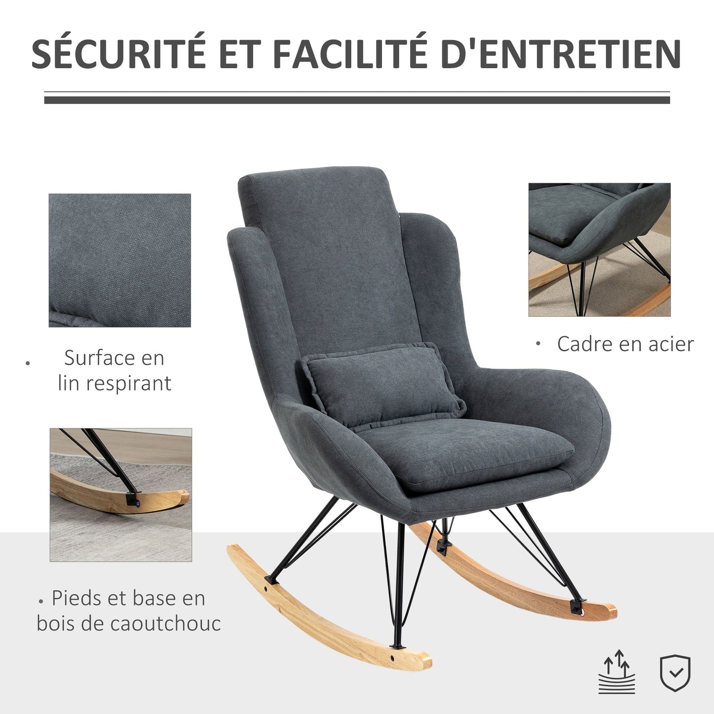 Schommelstoel – Wipstoel – Rocking Chair – Relaxstoel – Fauteuil – Hoog Dichtheid Foam Kussen – Grijs Linnen Bekleding