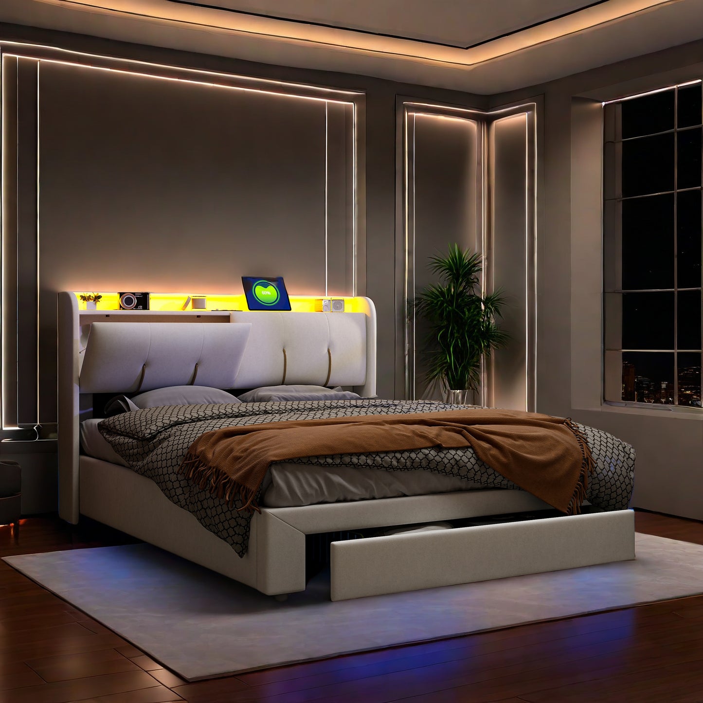 Tweepersoonsbed – Bed – Ledikant – Boxspring – Slaapbank – Gebroken Wit – 160x200 cm – Opbergruimte Hoofdbord – Geïntegreerde USB-poort & LED-sfeerverlichting