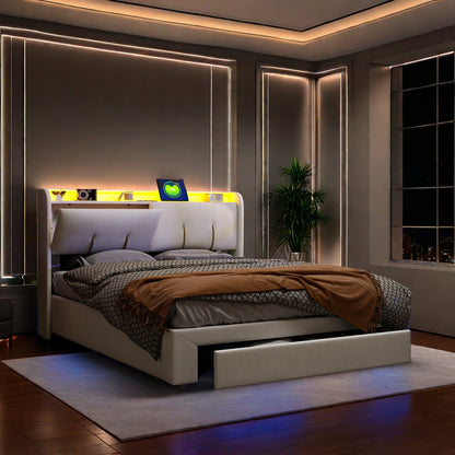 Tweepersoonsbed – Bed – Ledikant – Boxspring – Slaapbank – Gebroken Wit – 160x200 cm – Opbergruimte Hoofdbord – Geïntegreerde USB-poort & LED-sfeerverlichting