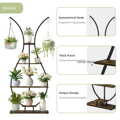 Plantenhouder – Plantenrek – Bloemenstandaard – Plantenrekje – Plantenrek Binnen – 5 Lagen – Metaal Met Houten Planken – Vaasvorm – Voor Woonkamer & Balkon – Bruin