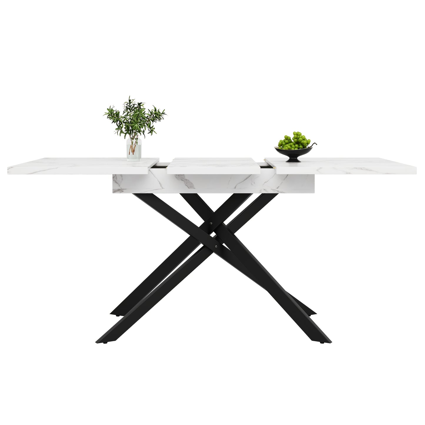 Eettafel – Dinertafel – Keukentafel – Salontafel – Eetkamertafel – Uitbreidbaar – Marmerlook Wit Tafelblad – Zwart Metalen Frame – Verstelbaar 120-160 cm – Ruimtebesparend Modern Design