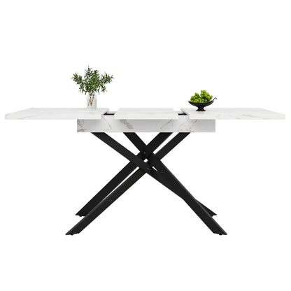 Eettafel – Dinertafel – Keukentafel – Salontafel – Eetkamertafel – Uitbreidbaar – Marmerlook Wit Tafelblad – Zwart Metalen Frame – Verstelbaar 120-160 cm – Ruimtebesparend Modern Design