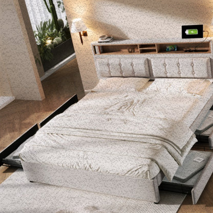 Bedkast – Tweepersoonsbed – Nachtkastje – Opbergbed – Slaapkamerkast – Verstelbaar Stoffen Hoofdbord – 4 Ruime Lades – 160x200 cm – Zonder Matras
