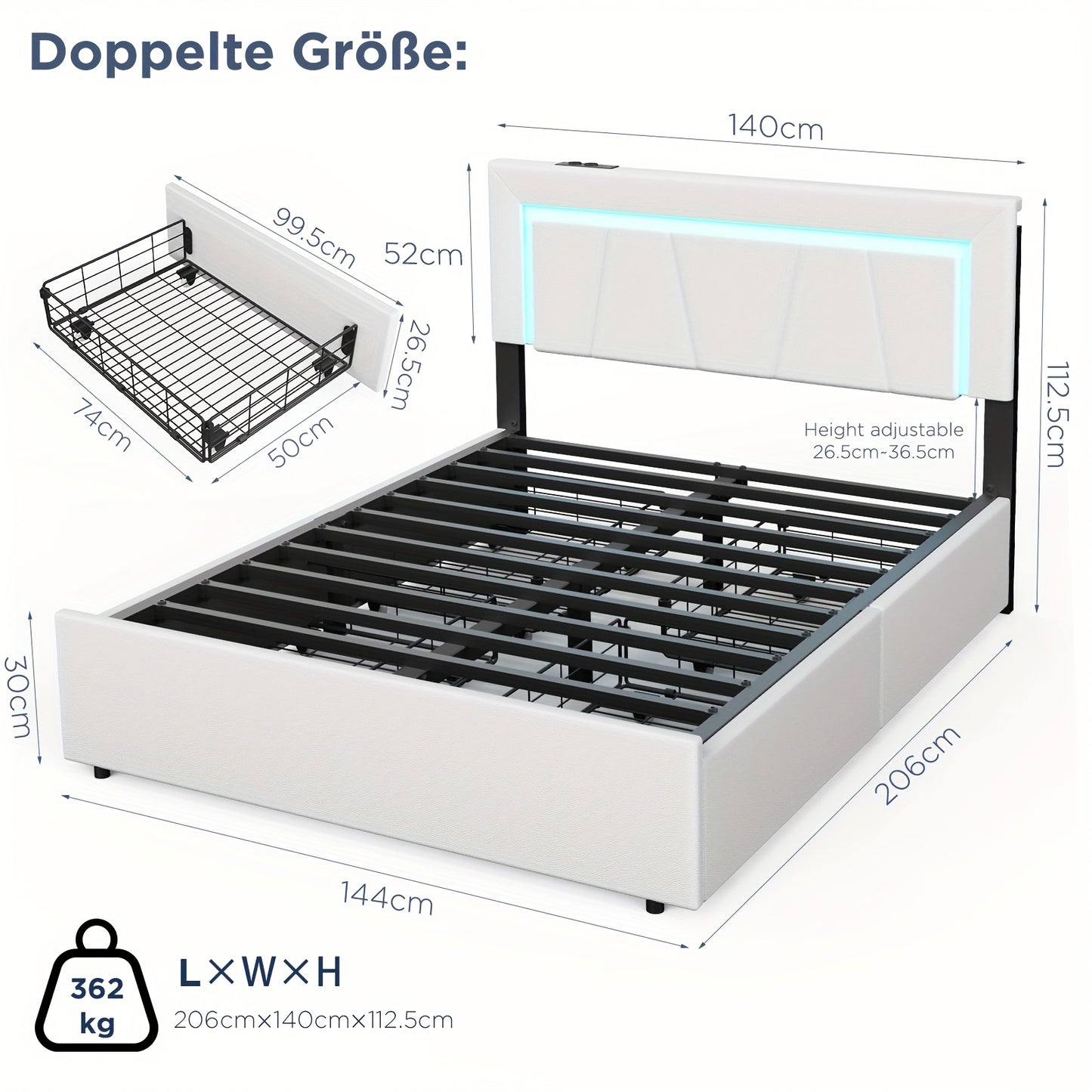 Double Bed Frame, 140x200cm Functional Upholstered Bed with LED Light And 4 Storage Drawers,, Mattress Not Included, Spacesaving Bed, Modern Bedroom Setup, Contemporary Design, Minimalist Style, Easy Assembly, Storage Bed Fra