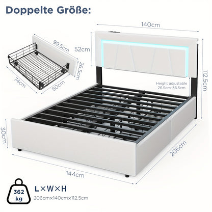 Double Bed Frame, 140x200cm Functional Upholstered Bed with LED Light And 4 Storage Drawers,, Mattress Not Included, Spacesaving Bed, Modern Bedroom Setup, Contemporary Design, Minimalist Style, Easy Assembly, Storage Bed Fra
