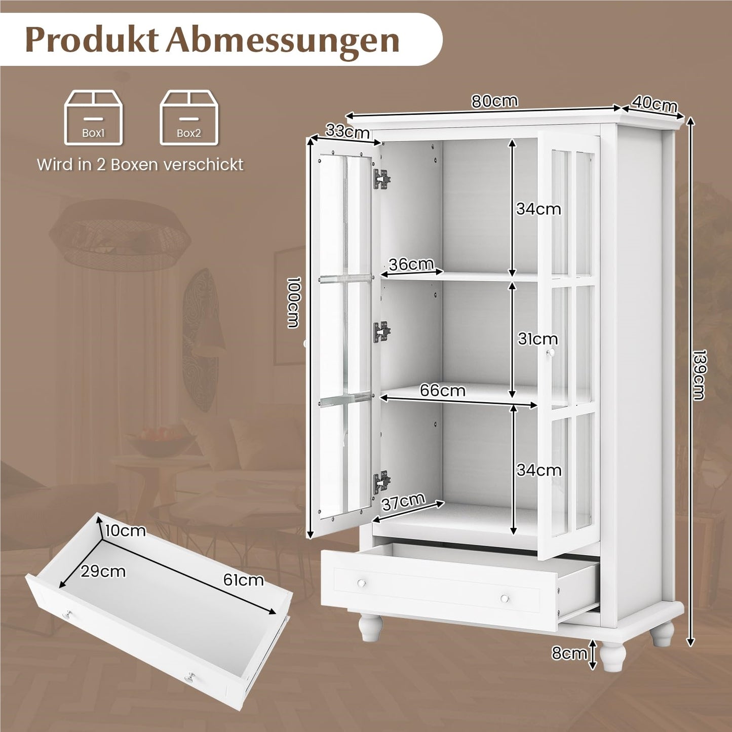 Boekenkast – Vakkenkast – Opbergkast – Wandkast – Dressoir – Met Geharde Glazen Deuren – Verstelbare Plank en Lade – Wit – 80x40x139 cm