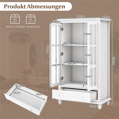 Boekenkast – Vakkenkast – Opbergkast – Wandkast – Dressoir – Met Geharde Glazen Deuren – Verstelbare Plank en Lade – Wit – 80x40x139 cm