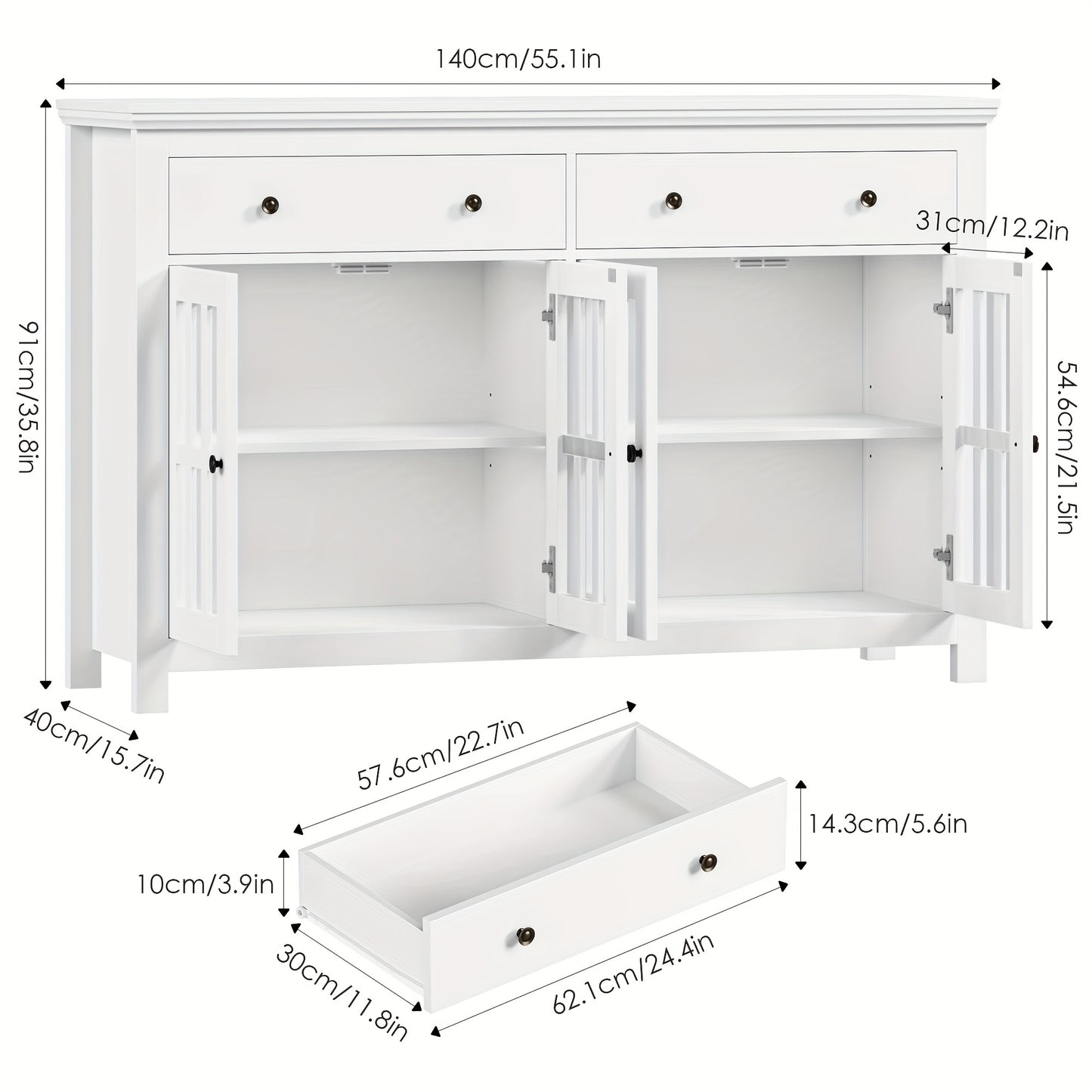 Dressoir – Sideboard – Opbergkast – Buffetkast – Kast – Wit – 140x90,7x40 cm – 2 Lades & 4 Glazen Deuren – Verstelbare Planken – Spaanplaat – Stevig & Ruim