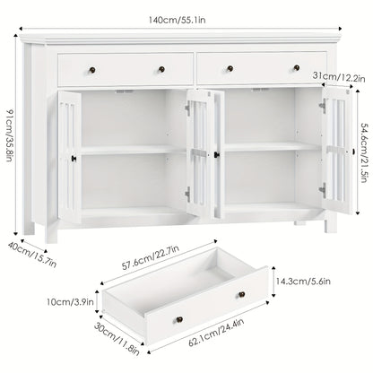 Dressoir – Sideboard – Opbergkast – Buffetkast – Kast – Wit – 140x90,7x40 cm – 2 Lades & 4 Glazen Deuren – Verstelbare Planken – Spaanplaat – Stevig & Ruim