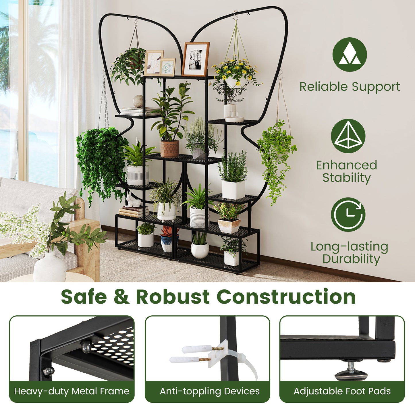 Plantenstandaard – Plantenrek – Bloemenrek – Plantenhouder – Plantenmeubel – Set Van 2 Zwarte 6-Laagse Standaards – 185 cm Hoog – 12 Metalen Roosterplanken Met 4 Haken