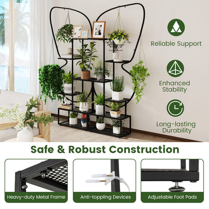 Plantenstandaard – Plantenrek – Bloemenrek – Plantenhouder – Plantenmeubel – Set Van 2 Zwarte 6-Laagse Standaards – 185 cm Hoog – 12 Metalen Roosterplanken Met 4 Haken