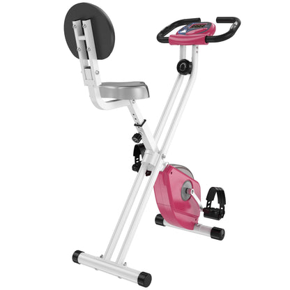 Hometrainer – Fitnessfiets – Ergometer – Trapkracht Trainer – Indoor Bike – 8-traps Magnetische Weerstand – Verstelbaar Zitje en Rugleuning – Roze/Wit – Stalen Frame – Compact Opvouwbaar