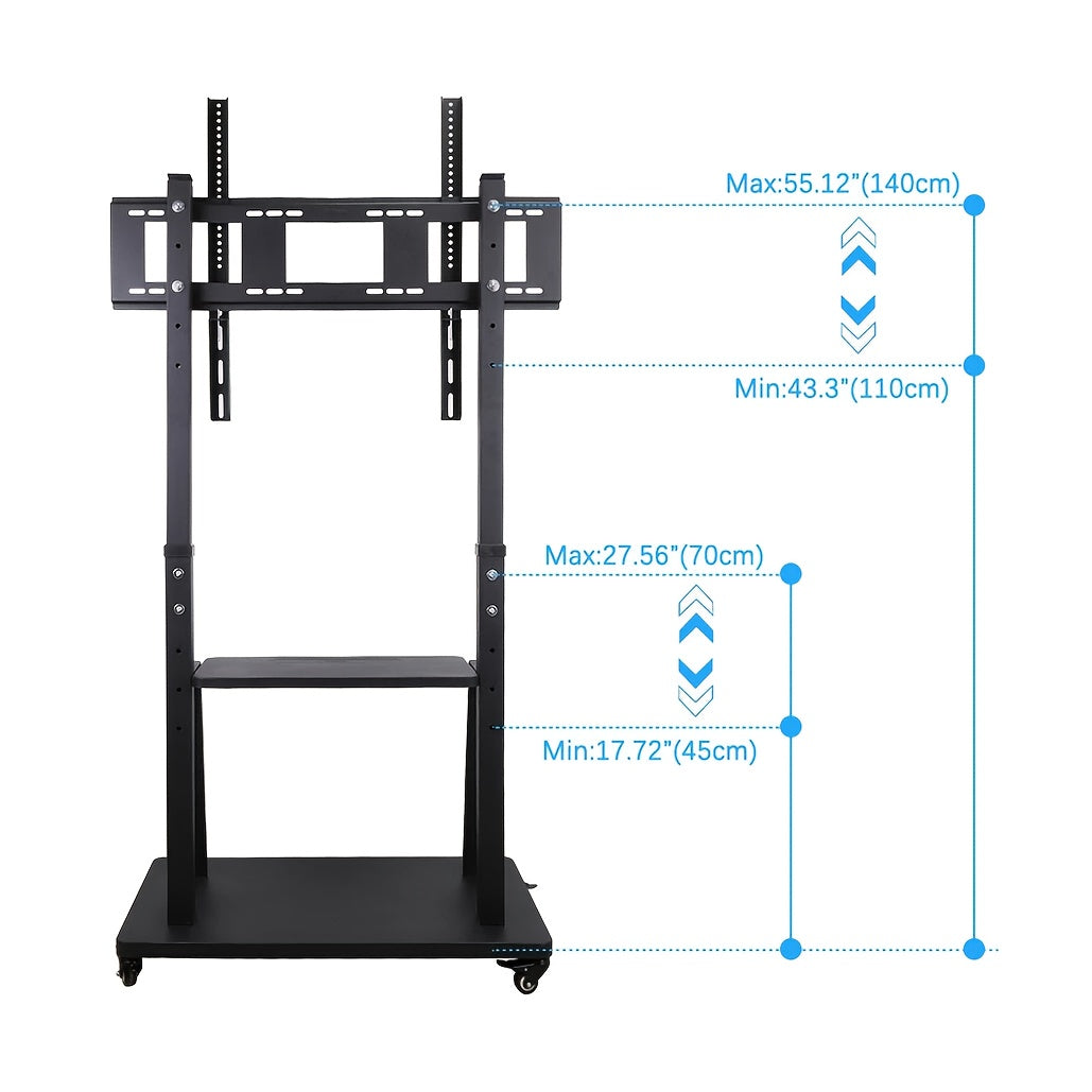 Mobiele TV-standaard – Verrijdbare TV-wagen – Verstelbare TV-houder – Mobiele TV-kar – TV-trolley Zwart – Verstelbare hoogte tot 175 cm – Stevige metalen constructie tot 80 kg