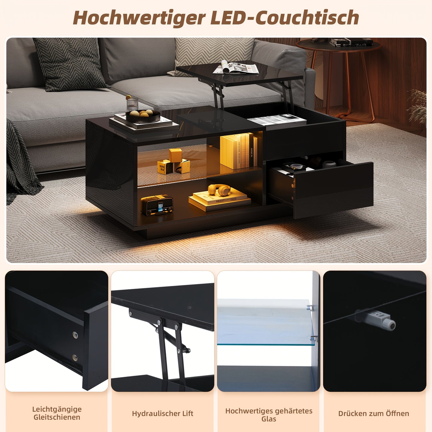 Sofa Tafel – Salontafel – Bijzettafel – Sidetable – Eettafel – Hoogte Verstelbaar – Metalen Frame & Opberglade