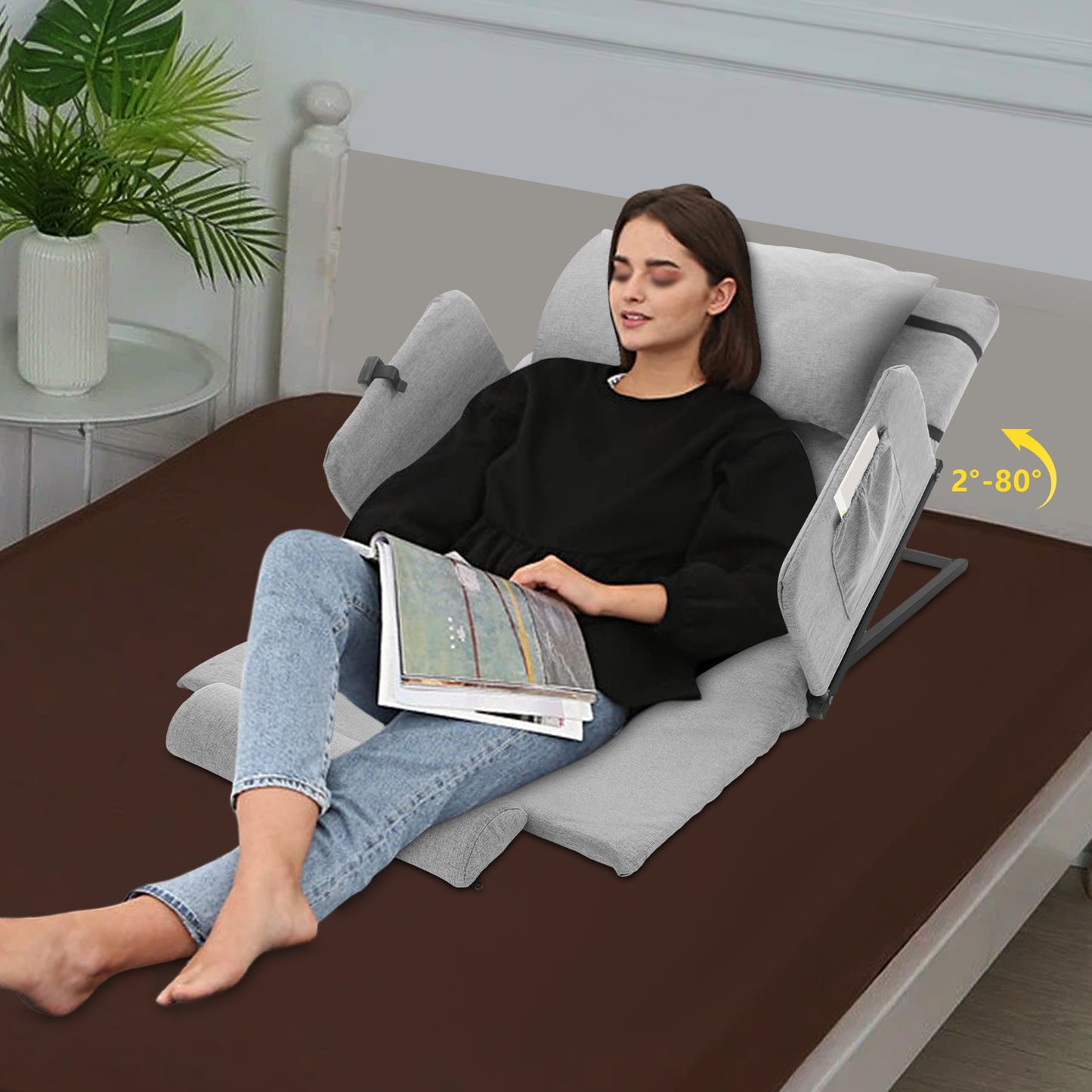 Comfortable Gray Adjustable Bed Backrest with Fixed Armrests, Headrest & Short Pad - -Linen Cushion, for Elderly/ Mobility Support