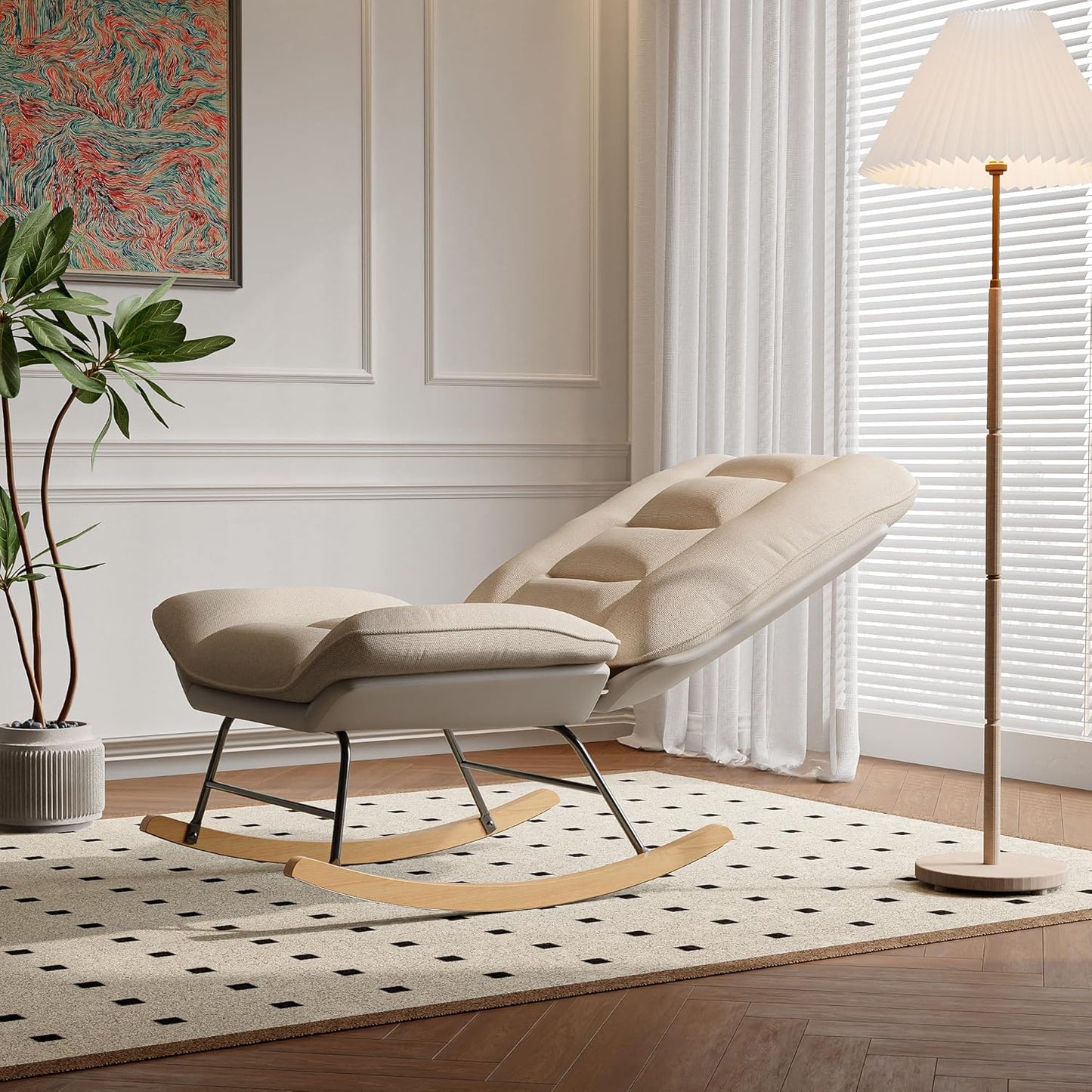 Schommelstoel – Relaxstoel – Ligstoel – Loungestoel – Creme Wit – 12-Posities Verstelbare Rugleuning – Dubbel Laags Technisch Stofontwerp