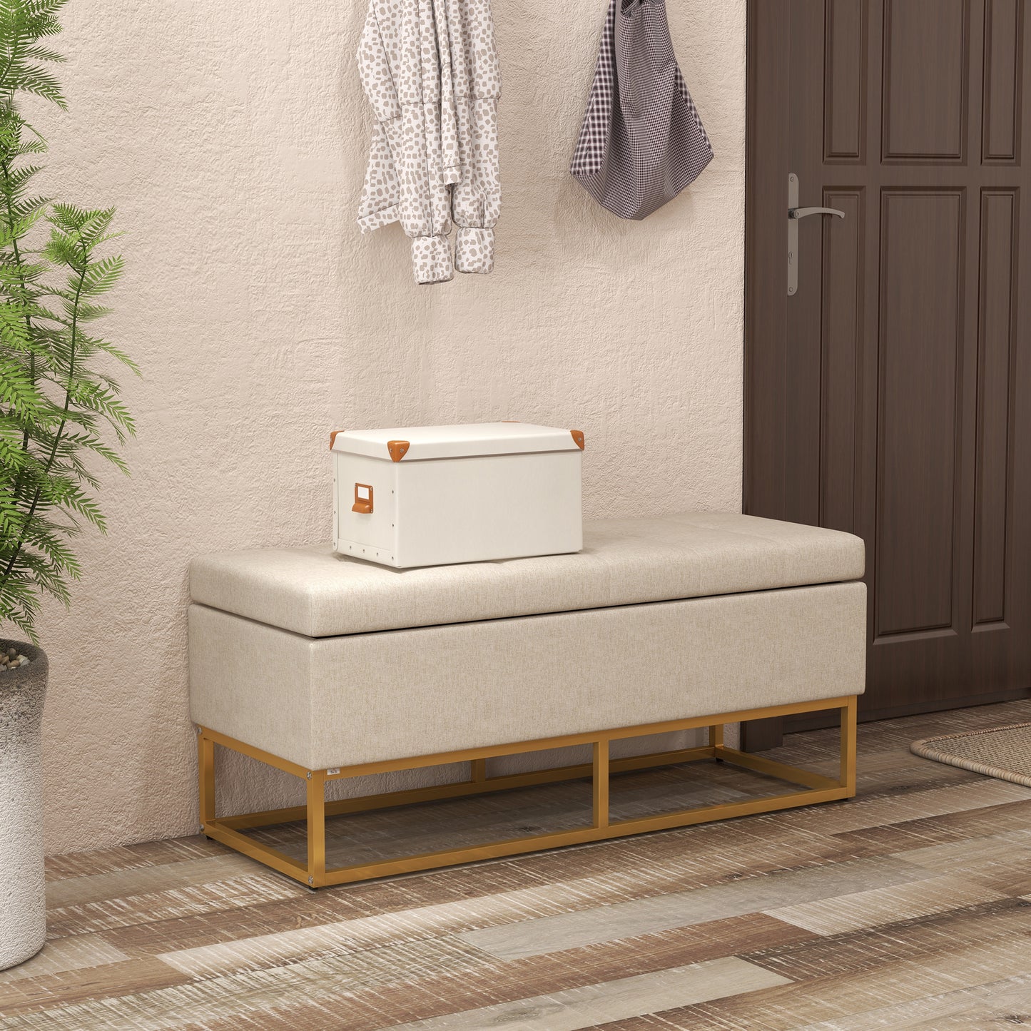 Opbergbank – Opbergbank – Zitkist – Bankje – Opbergbox – Beige Stoffering – Hoog draagvermogen 200 kg – Gouden Metalen Poten – 110x44x48 cm