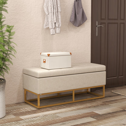 Opbergbank – Opbergbank – Zitkist – Bankje – Opbergbox – Beige Stoffering – Hoog draagvermogen 200 kg – Gouden Metalen Poten – 110x44x48 cm