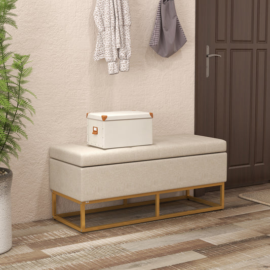 Opbergbank – Opbergbank – Zitkist – Bankje – Opbergbox – Beige Stoffering – Hoog draagvermogen 200 kg – Gouden Metalen Poten – 110x44x48 cm