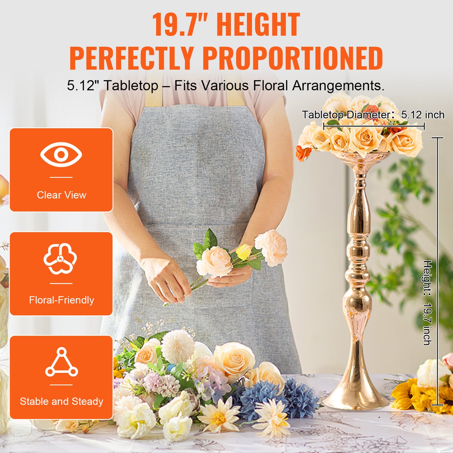 Bloemvaas – Bloemenstandaard – Siervaas – Tafelvaas – Bloemhouder – Metaal – Gouden Afwerking – 50 cm Hoog