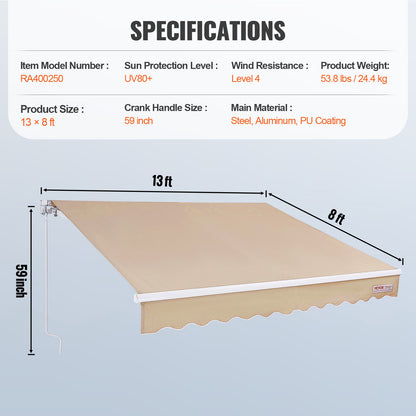Zonwering – Uitschuifbare Zonwering – Terrasoverkapping – Buitenluifel – Balkonzonwering – 13 x 8 voet – Waterbestendig Polyester – UV80+ Bescherming