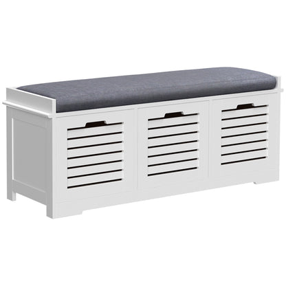 Schoenenbank – Schoenenkast – Opbergbank – Halbank – Zitbank – Met 3 Ventilerende Lades – Comfortabel Verwijderbaar Kussen – Wit – Compact 108x35x43 cm