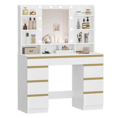 Kaptafel – Make-up Tafel – Schminktisch – Beauty Tafel – Vanity – Grote HD Spiegel – Verstelbare LED Verlichting – 1 Grote Lade & 8 Kleine Laden – 9 Open Schappen – Wit Goud Variant