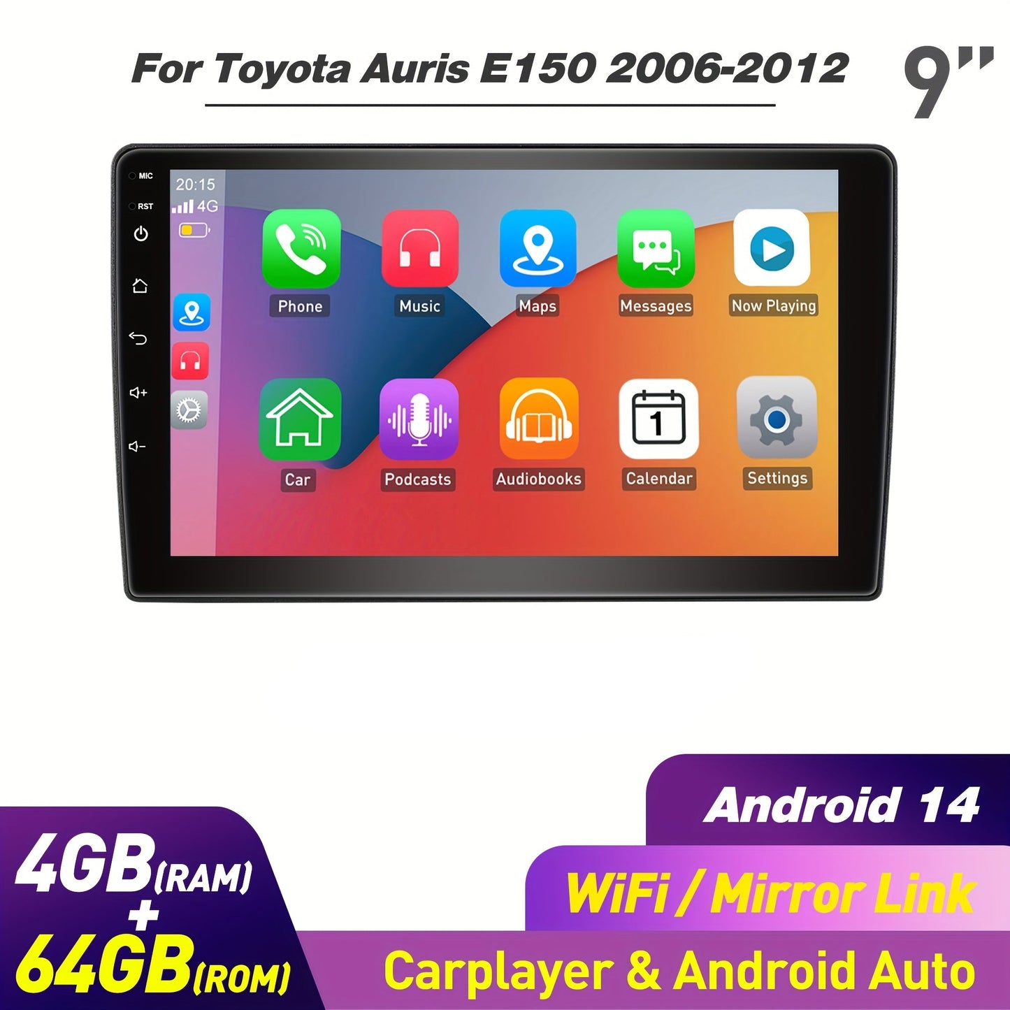 Autoradio Toyota Auris E150 – 2-DIN Multimedia Speler – Android Autoradio – Inbouw Radio – Touchscreen Radio – 9 Inch IPS Scherm – Android 14 Systeem Met Handsfree Bellen