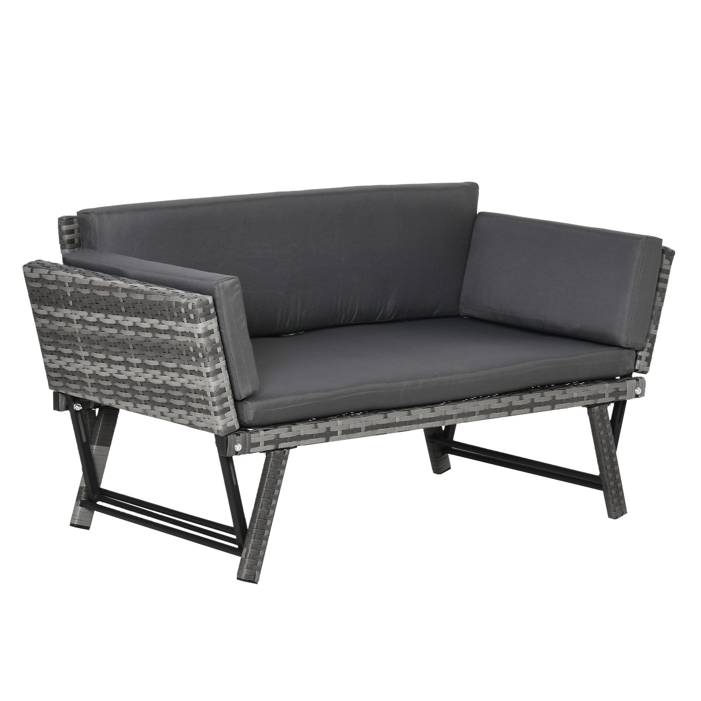 Polyrattan Tuinbank – Tuinmeubel – Buitenbank – Loungesofa – Tuinbank 2 Persoons – Grijs – Weerbestendig Materiaal – Opklapbare Armleuningen – 129 x 63 x 67 cm