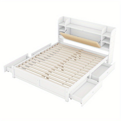Hoofdbord Bed – Bedpaneel – Bedframe – Opbergbed – Bedombouw – 180x200cm – Vier Laden – Meerdere Opbergvakken – Wit – Opvouwbaar