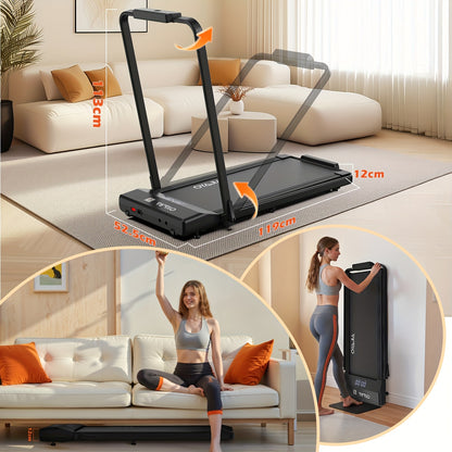 4-In-1 Collapsible Treadmill | 12 Predefined Workouts | 0.75HP Quiet Motor | LCD Screen Featuring 3/6 Quick Speed Buttons | APP + Remote + Control Panel for Triple Operation | Integrated Music Speakers | 120KG Weight Limit Co