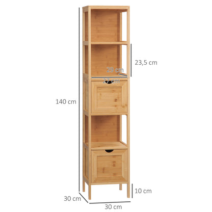 Badkamerkast – Badkamermeubel – Opbergkast – Kolomkast – Wastafelonderkast – Bamboe Materiaal – Compact 30x30x140 cm – Tip-Over Beveiliging