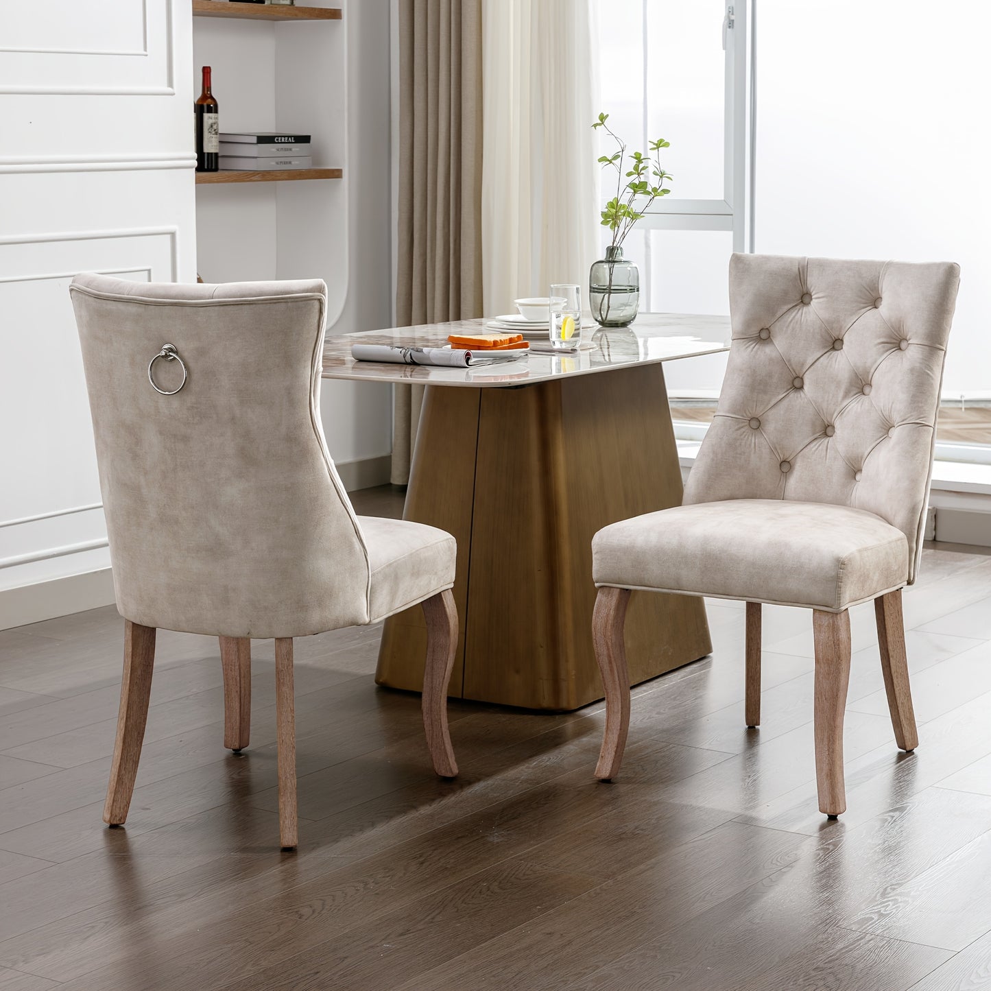 Eetstoel – Eetkamerstoel – Kuipstoel – Stoel – Stoeltjes – Lichtbeige Fluwelen Bekleding – Hoge Rugleuning Met Knoopstiksels – Massief Houten Frame – Set Van 2