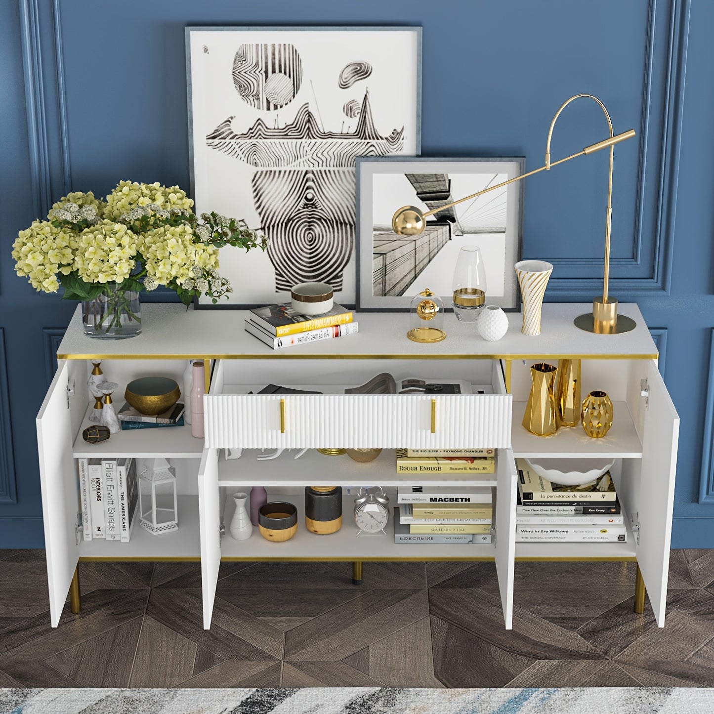 Elegant White Ripple Wooden Sideboard with Golden Pulls & Black Legs – 160.02cm W x 39.88cm D x 80.01cm H Four-Door Storage Cabinet for Bedroom, Bathroom, or Living Room, Modern Hardwood Design with Ample Storage Options, V