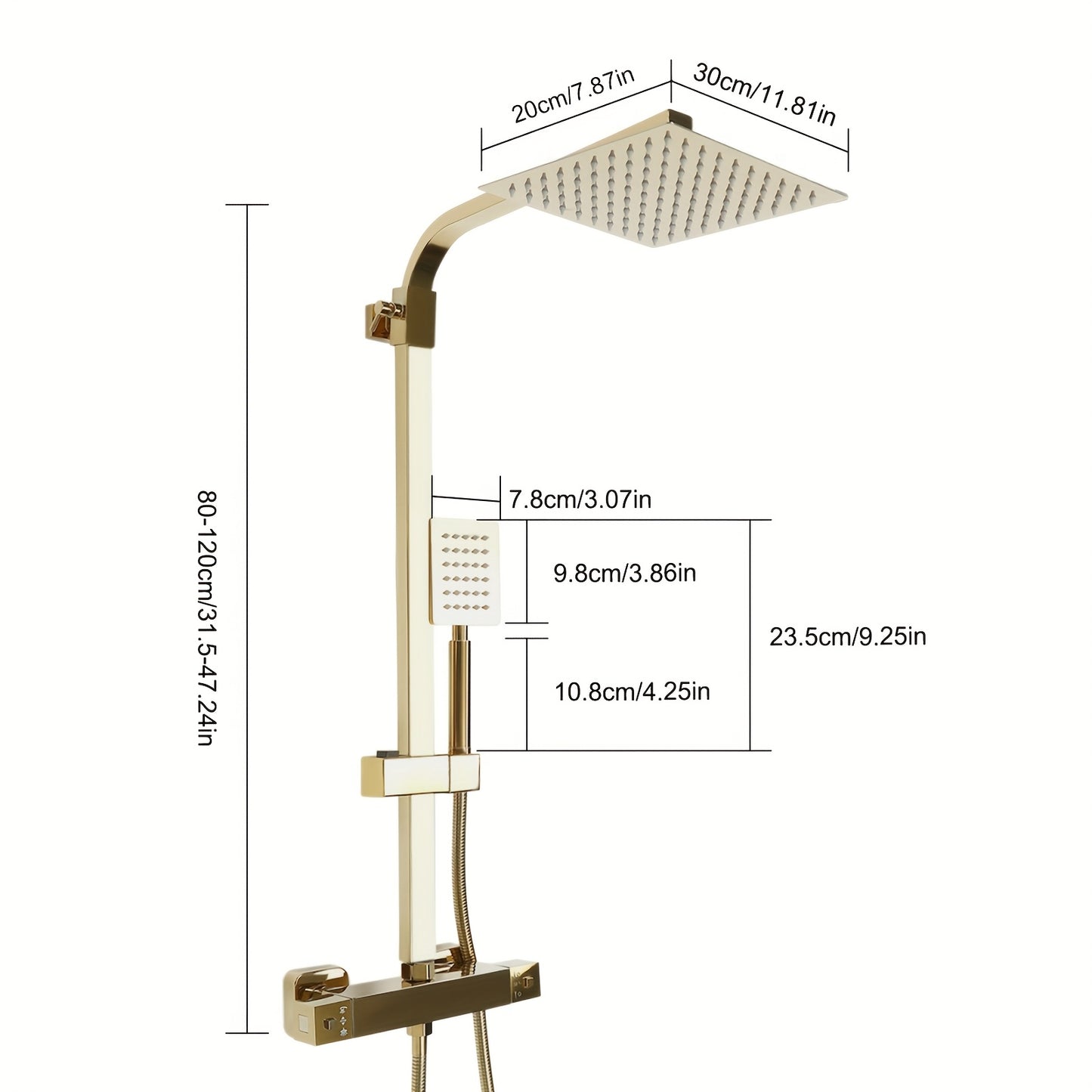Doucheset – Regendouche – Thermostaatkraan – Douchegarnituur – Handdouche – Gouden Vierkant Design – 20 cm Hoofddouche – Hoogwaardig Messing