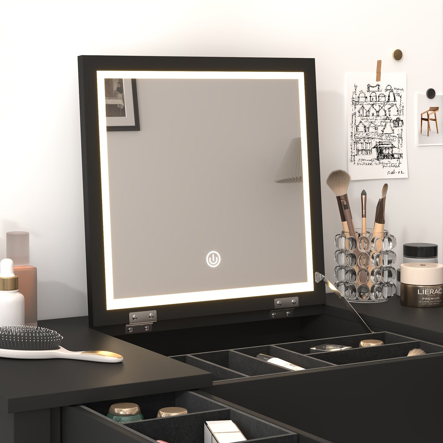 Make-up tafel – Kaptafel – Schminktafel – Vanity – Make-up bureau – Zwart hout – Ingebouwde Spiegel – Met lades