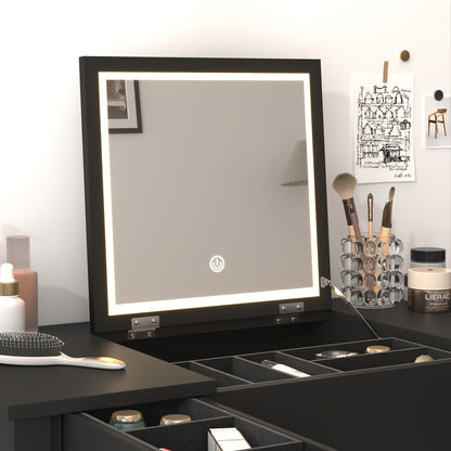 Make-up tafel – Kaptafel – Schminktafel – Vanity – Make-up bureau – Zwart hout – Ingebouwde Spiegel – Met lades