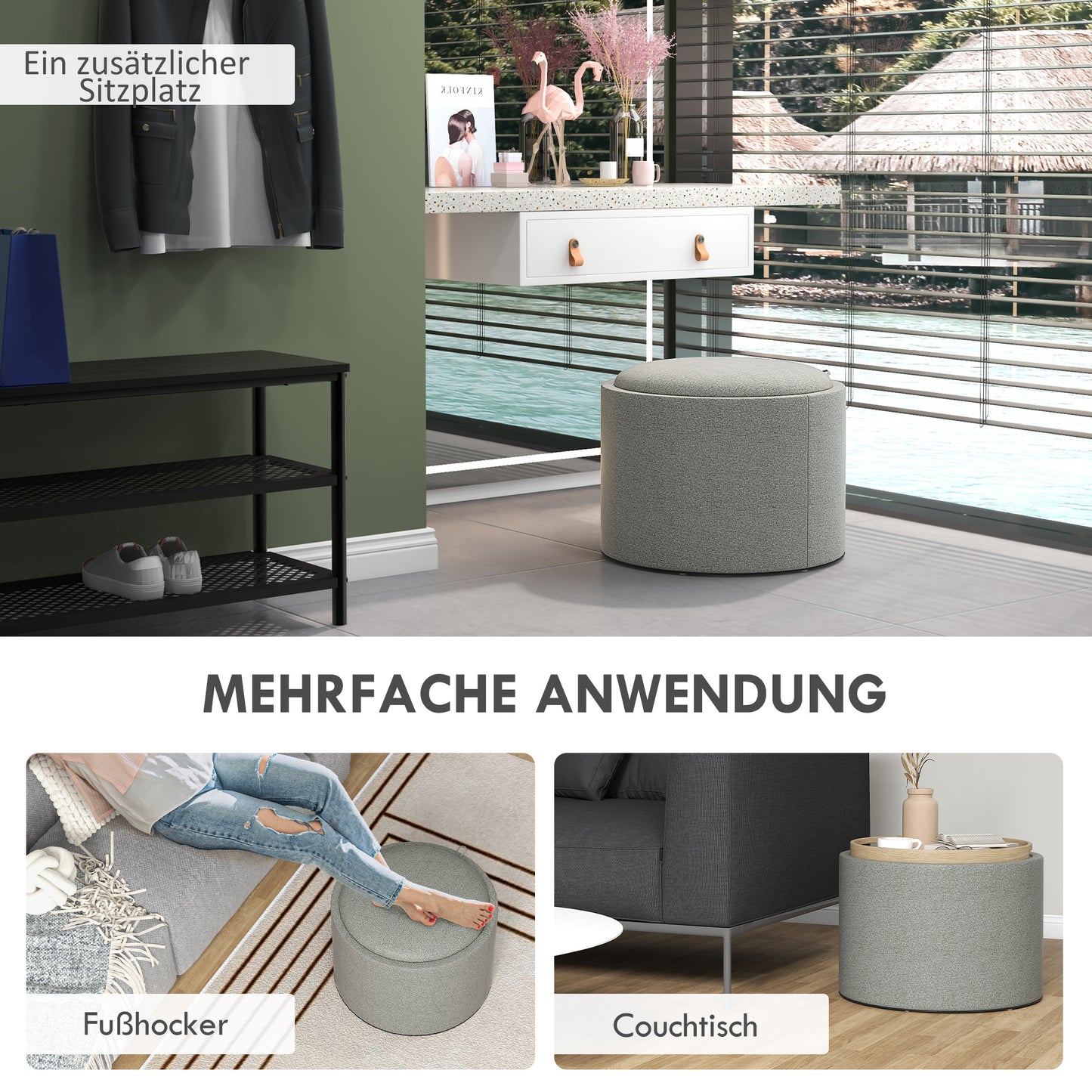 Poef – Ottoman – Zitzak – Hocker – Kruk – Met Opbergruimte – Omkeerbaar Deksel – Linnen Bekleding – 56x56x42 cm – Grijs Met Houten Pootjes