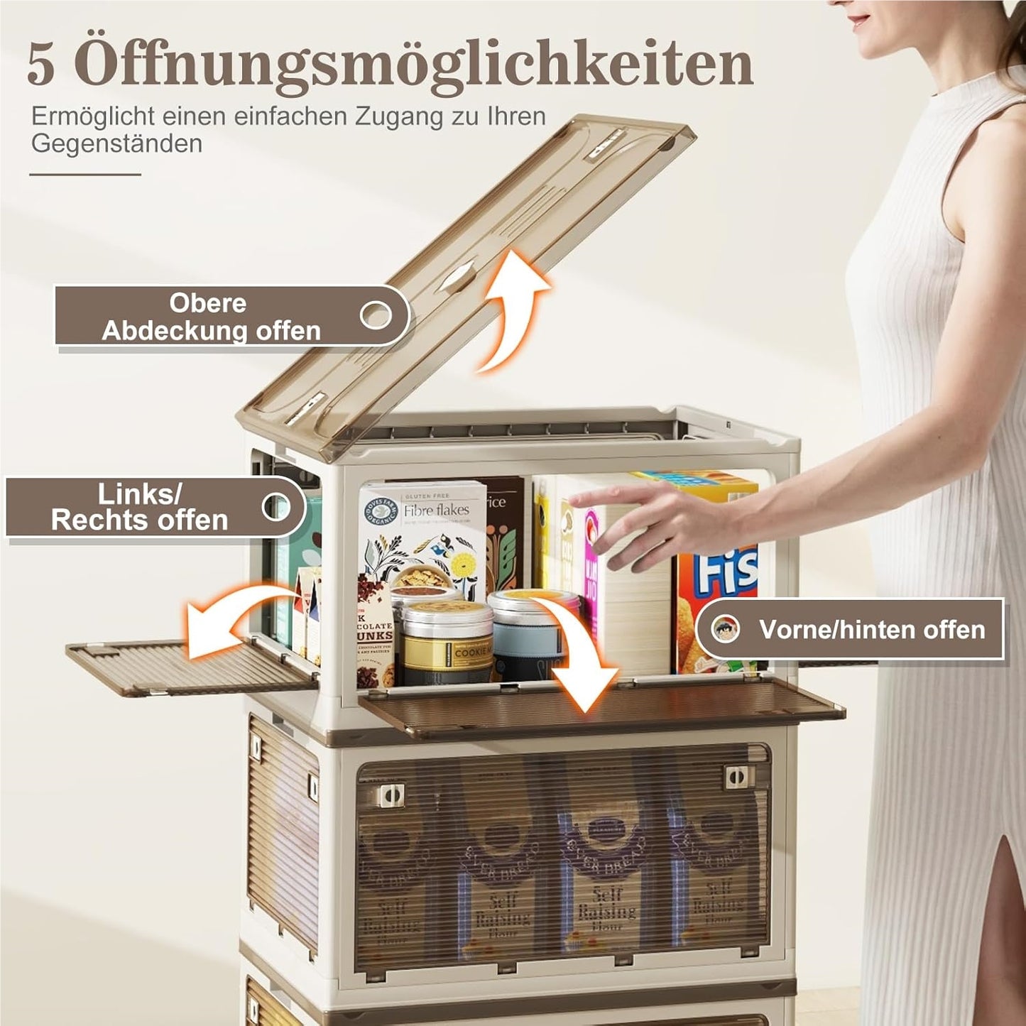 Opbergdoos – Opbergbox – Opbergmand – Bewaardoos – Opbergbak – Stapelbaar – Inklapbaar – 3 x 97,5L – Met Wieltjes en Vijf Openingen – Kunststof Wit