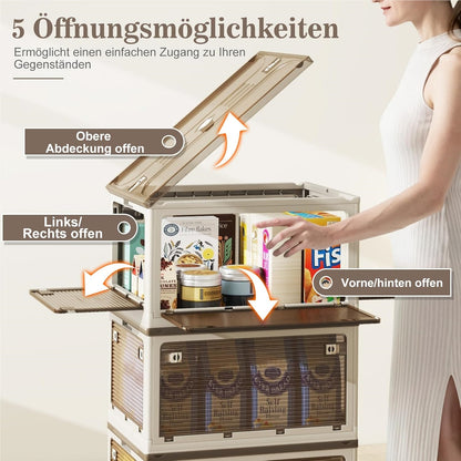 Opbergdoos – Opbergbox – Opbergmand – Bewaardoos – Opbergbak – Stapelbaar – Inklapbaar – 3 x 97,5L – Met Wieltjes en Vijf Openingen – Kunststof Wit
