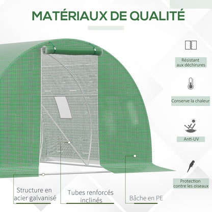 Outsunny Garden Greenhouse Tunnel 9 m² dim. 3L x 3l x 2H m - 4 windows, Roll-up Zippered Door - Tubular Chassis Galvanized Steel, High Density PE Cover Green, Protects Plants From Cold Rain Insects Birds, Ideal For Flowers V