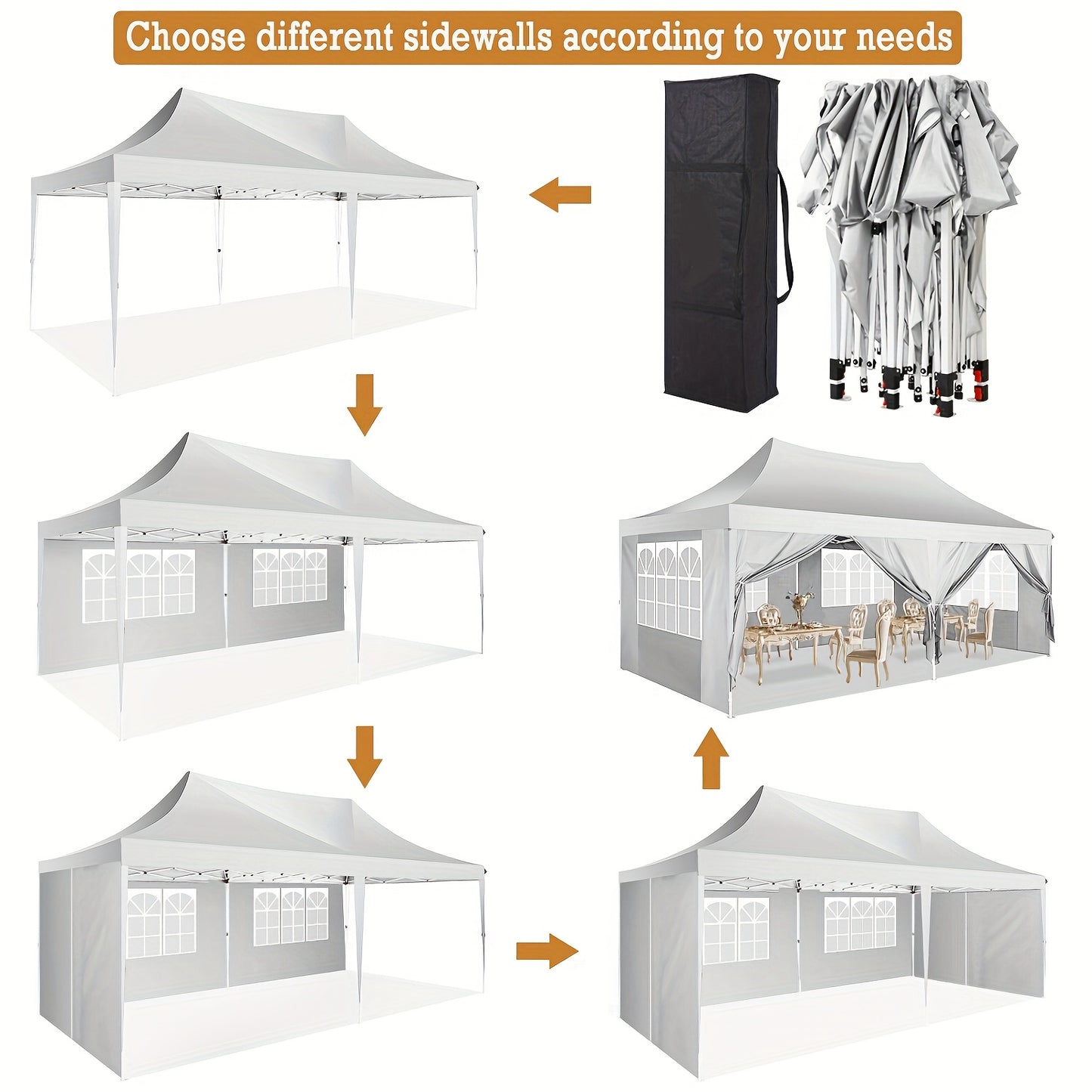 Pop-up Tent – Vouwtent – Partytent – Tuinpavilion – Gazebo – Zwart – 3,05x6,1 Meter – Hoogwaardig Oxford Doek – Verstelbare Hexagonale Metaalframe