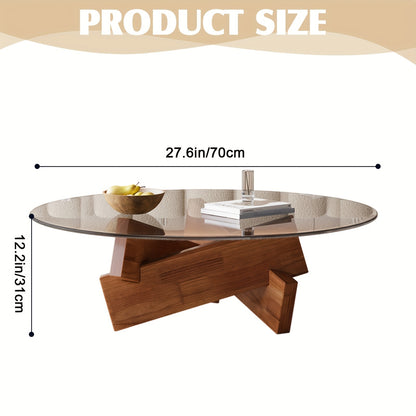 Ronde Salontafel – Koffietafel – Bijzettafel – Glazen Tafel – Woonkamer Tafel – Small Gray – Helder Glas Blad – Geometrisch Houten Onderstel – 70 cm Diameter – Eenvoudige Montage