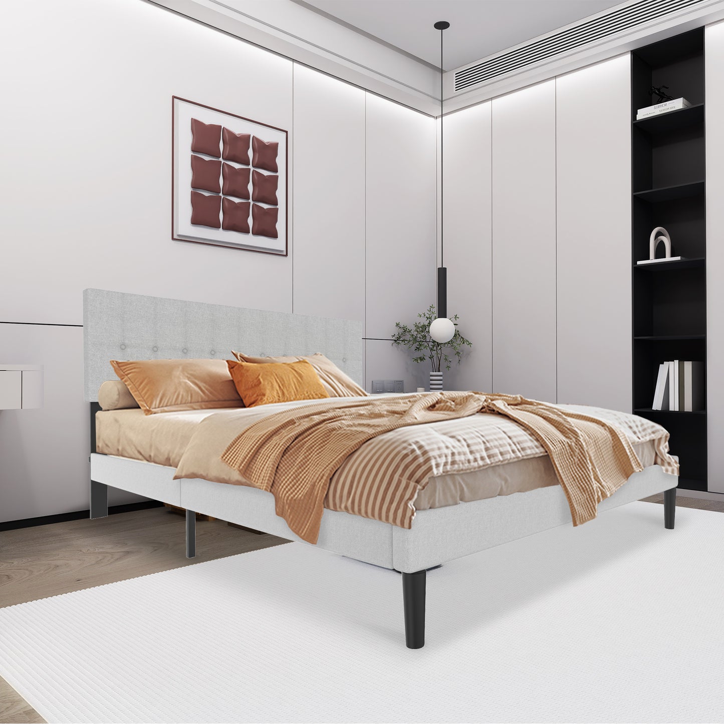 Bedframe – Gestoffeerd Bed – Tweepersoonsbed – Kingsize Bed – Lattenbodem – Linnen Hoofdeinde – Stevig MDF Metalen Frame – 160x200 cm – Draagvermogen 300 kg