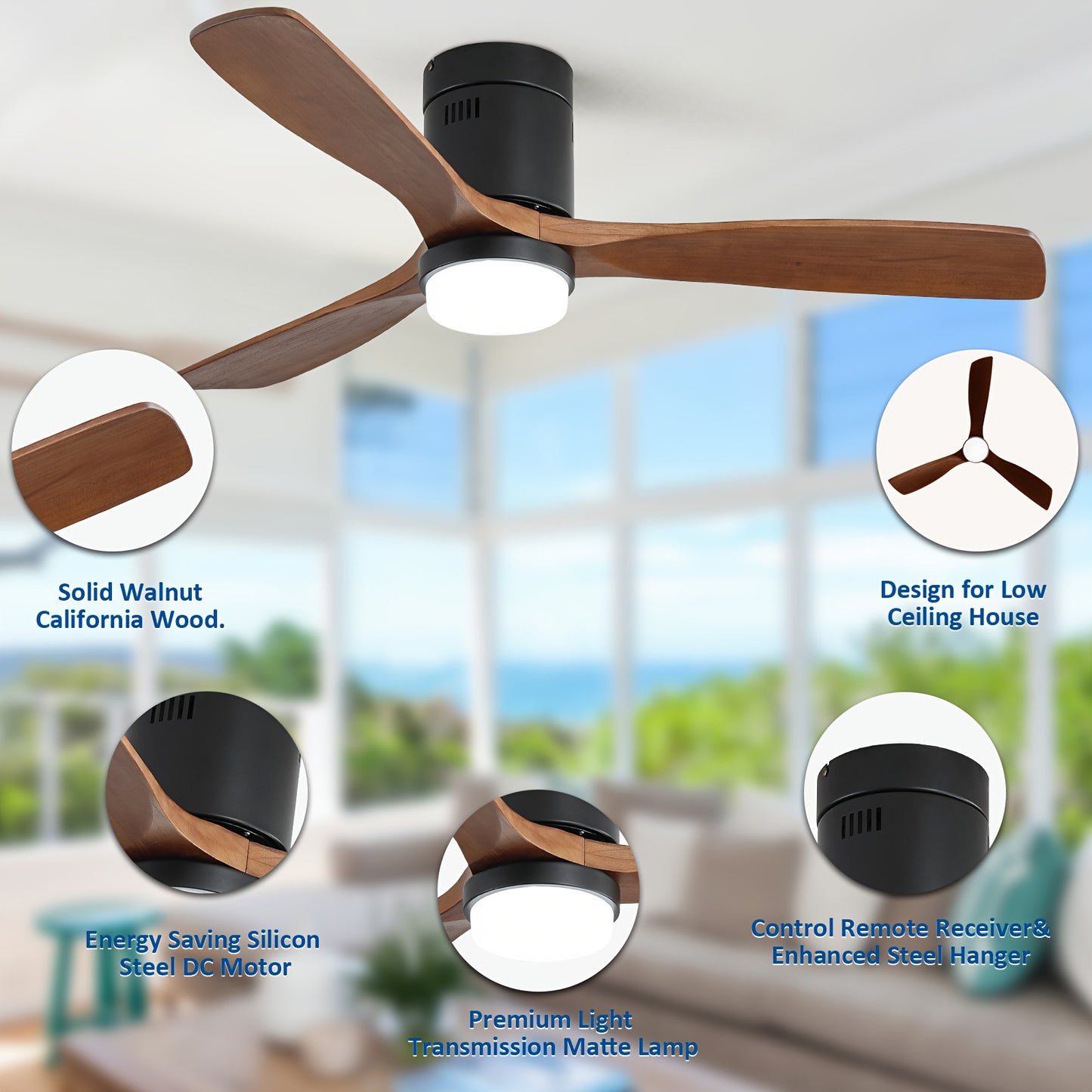 Plafondventilator – Ventilator – Plafondventilator Met Licht – Ventilator Met Afstandsbediening – Houten Bladen Ventilator – Zwarte Metaal/Wood Variant – Ultrastille Omkeerbare Motor – 132 cm Diameter