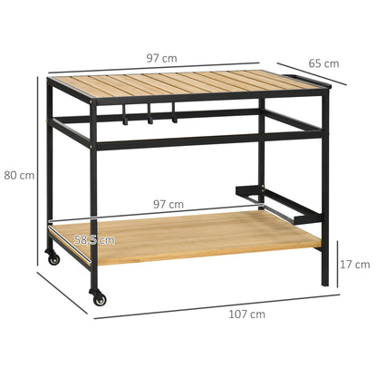 Barbecuewagen – Barbecuetrolley – Grillwagen – BBQ Kar – Serveerwagen – Natuurlijk Hout En Metaal – 2 Ruime Planken & 3 Haken – 107x65x80 cm