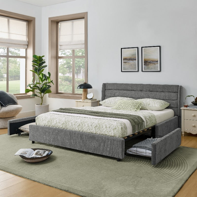 Ledikant – Bedframe – Slaapbank – Bedbank – Stalen Bed – 140x200 cm – Donkergrijs Chenille – 4 Grote Opbergladen – Eenvoudige Montage